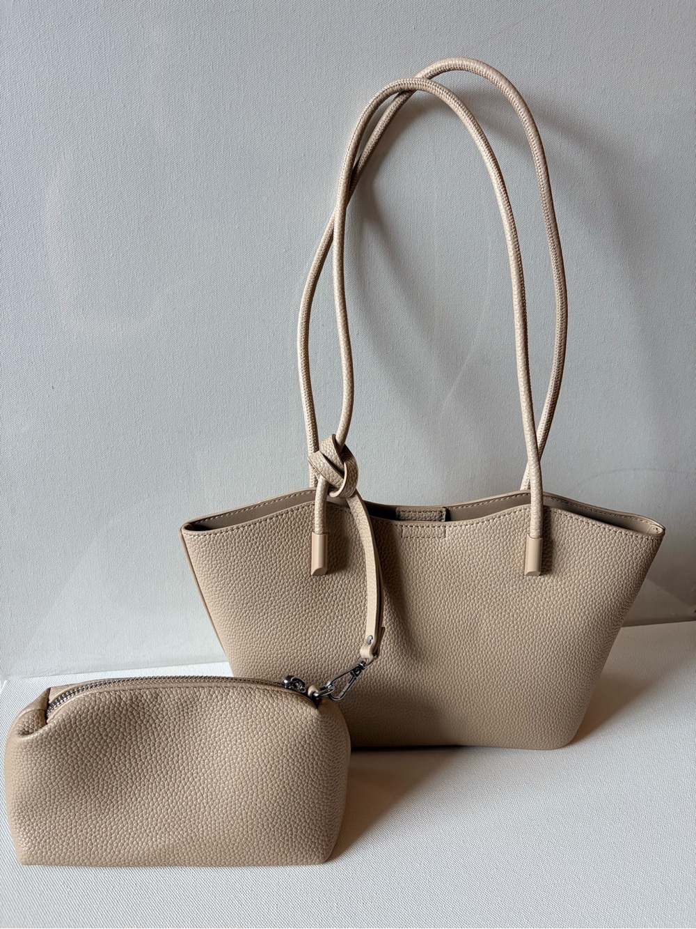 Antik Kraft Tatum Pebbled Leather Tote Bag & Matching Pouch Set Beige Like New